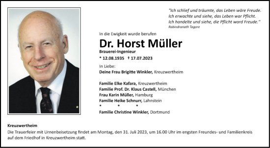 Traueranzeige von Horst Müller von Fränkische Nachrichten