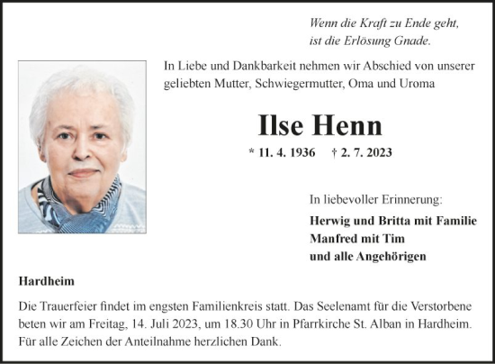 Traueranzeige von Ilse Henn von Fränkische Nachrichten