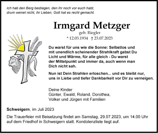 Traueranzeige von Irmgard Metzger von Fränkische Nachrichten