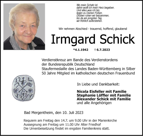 Traueranzeige von Irmgard Schick von Fränkische Nachrichten