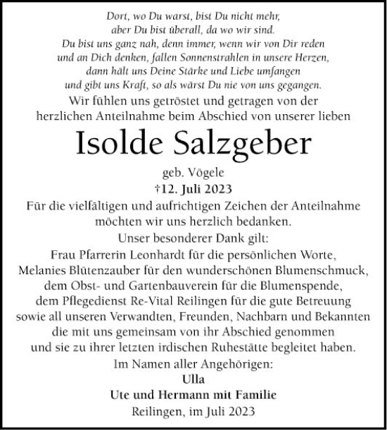 Traueranzeige von Isolde Salzgeber von Schwetzinger Zeitung