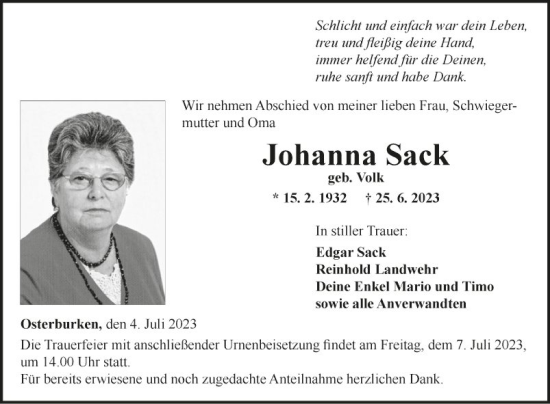 Traueranzeige von Johanna Sack von Fränkische Nachrichten