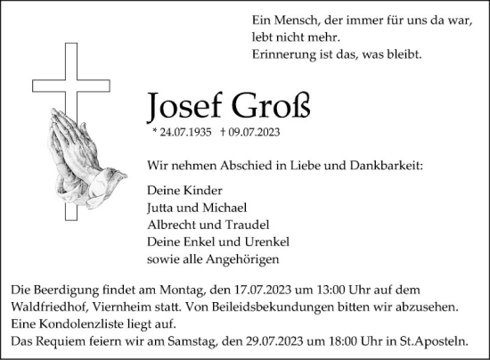 Traueranzeige von Josef Groß von Mannheimer Morgen