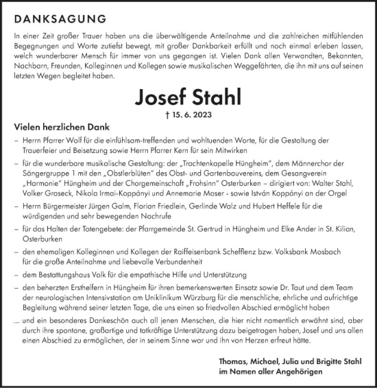 Traueranzeige von Josef Stahl von Fränkische Nachrichten