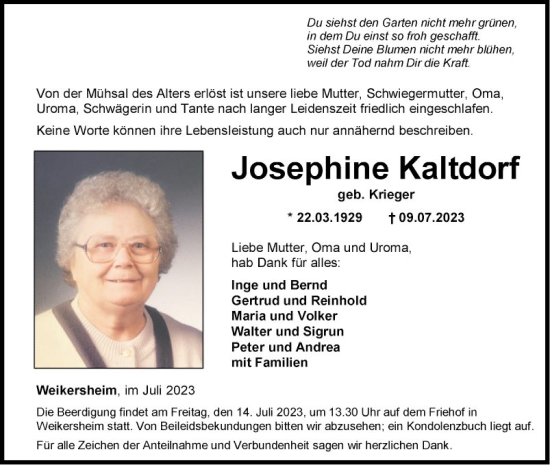 Traueranzeige von Josephine Kaltdorf von Fränkische Nachrichten