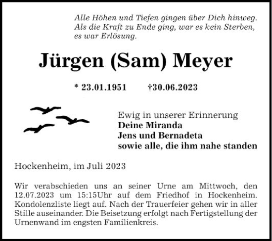 Traueranzeige von Jürgen Meyer von Schwetzinger Zeitung