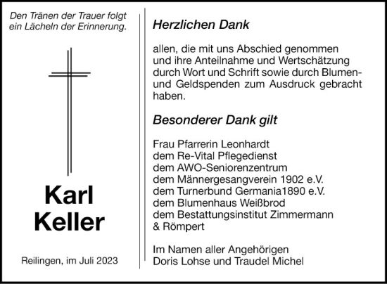 Traueranzeige von Karl Keller von Schwetzinger Zeitung