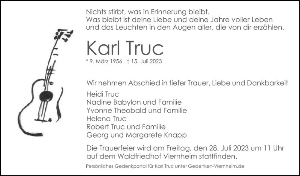  Traueranzeige für Karl Truc vom 22.07.2023 aus Mannheimer Morgen