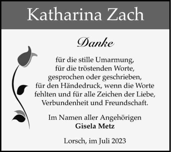 Traueranzeige von Katharina Zach von Bergsträßer Anzeiger