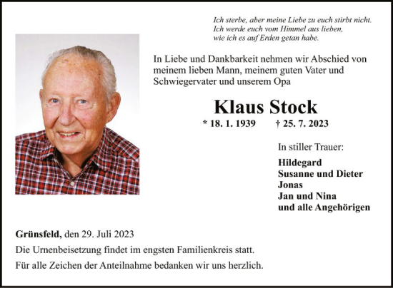 Traueranzeige von Klaus Stock von Fränkische Nachrichten