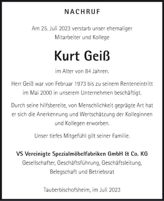 Traueranzeige von Kurt Geiß von Fränkische Nachrichten