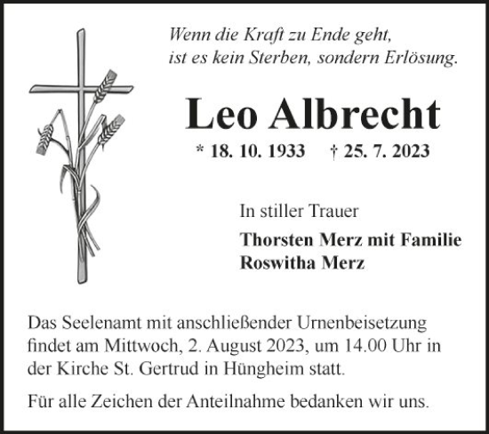 Traueranzeige von Leo Albrecht von Fränkische Nachrichten