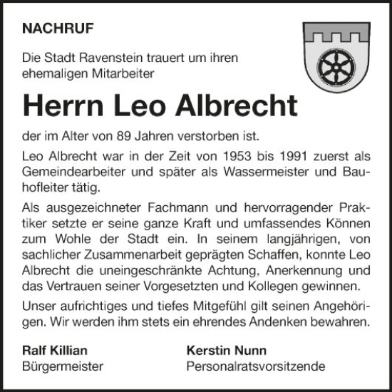 Traueranzeige von Leo Albrecht von Fränkische Nachrichten