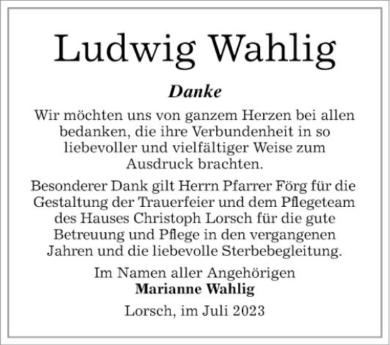 Traueranzeige von Ludwig Wahlig von Bergsträßer Anzeiger