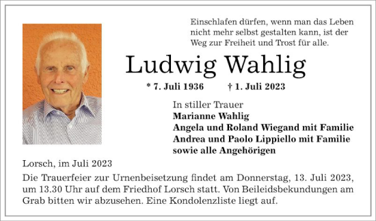 Traueranzeige von Ludwig Wahlig von Bergsträßer Anzeiger