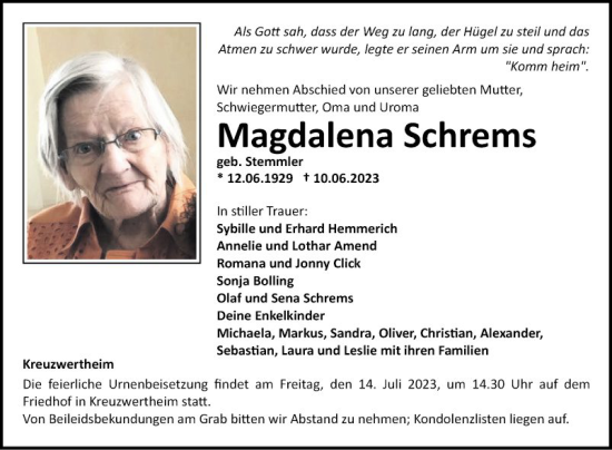 Traueranzeige von Magdalena Schrems von Fränkische Nachrichten