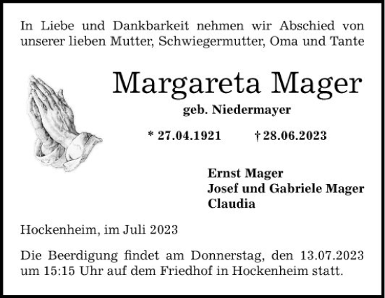 Traueranzeige von Margareta Mager von Schwetzinger Zeitung