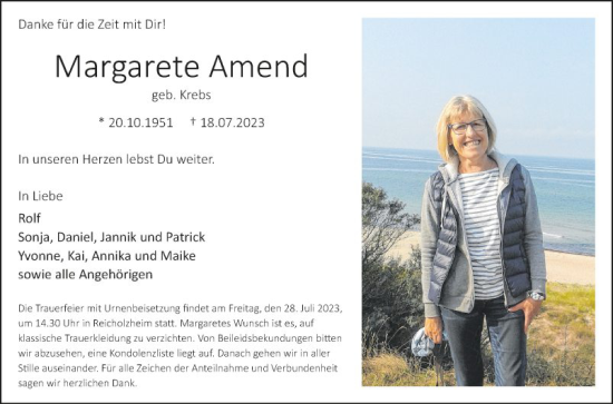 Traueranzeige von Margarete Amend von Fränkische Nachrichten