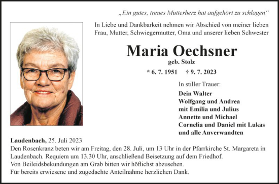 Traueranzeige von Maria Oechsner von Fränkische Nachrichten