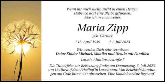 Traueranzeige von Maria Zipp von Bergsträßer Anzeiger