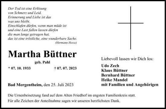 Traueranzeige von Martha Büttner von Fränkische Nachrichten