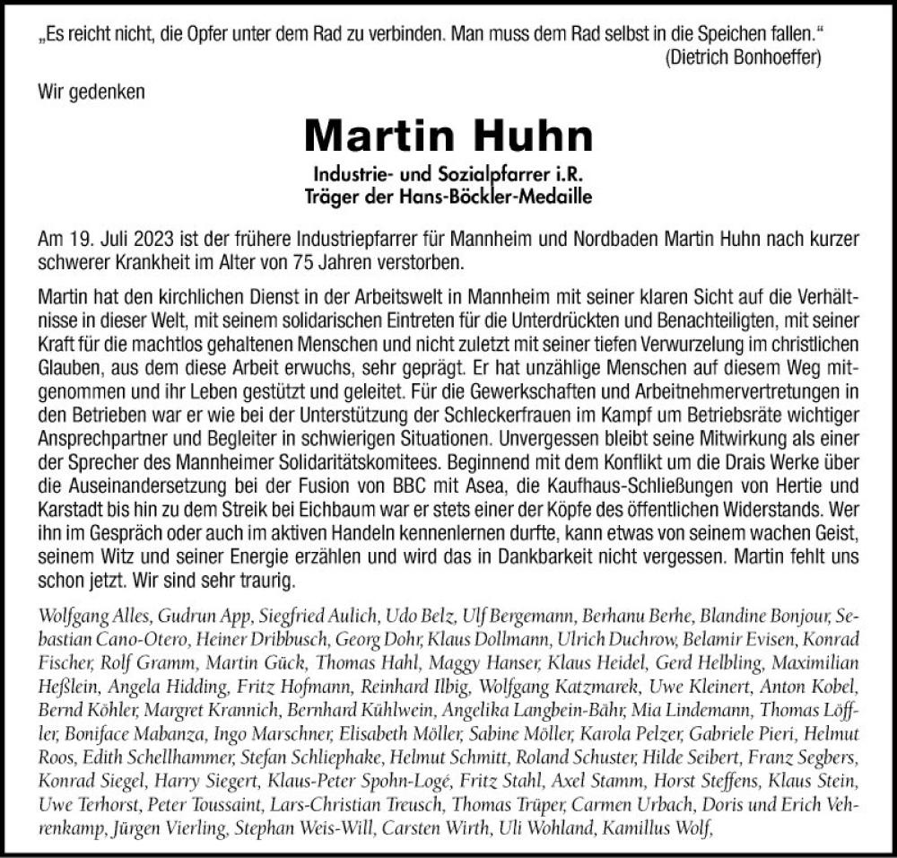  Traueranzeige für Martin Huhn vom 29.07.2023 aus Mannheimer Morgen