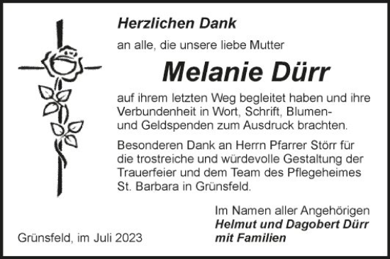 Traueranzeige von Melanie Dürr von Fränkische Nachrichten