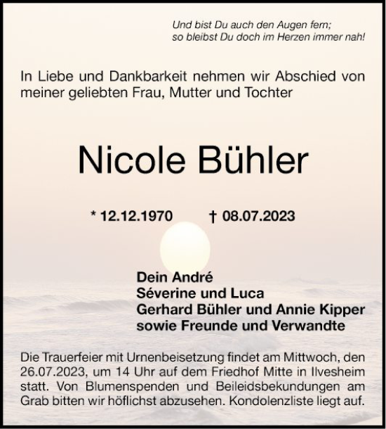 Traueranzeige von Nicole Bühler von Mannheimer Morgen