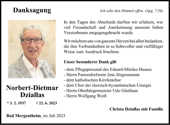 Traueranzeige von Norbert-Dietmar Dziallas von Fränkische Nachrichten