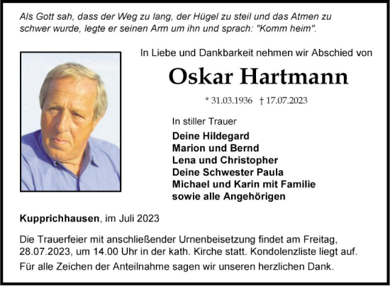 Traueranzeige von Oskar Hartmann von Fränkische Nachrichten