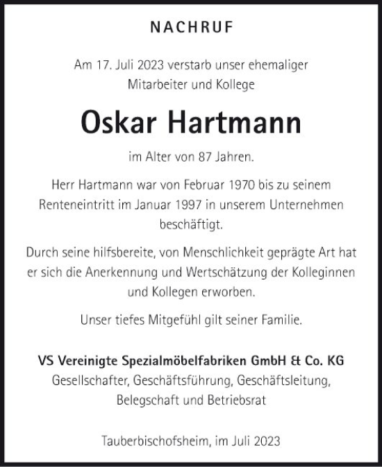 Traueranzeige von Oskar Hartmann von Fränkische Nachrichten