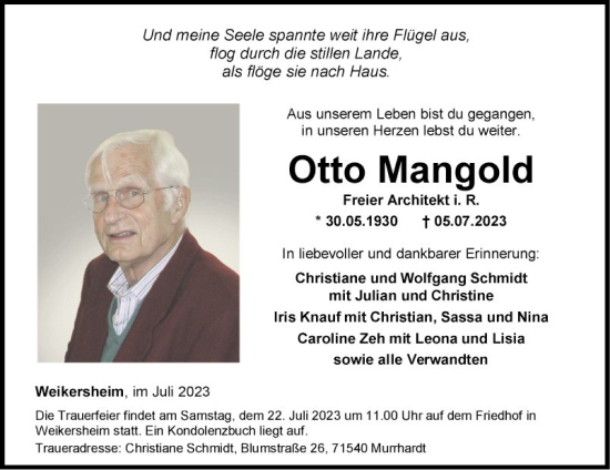 Traueranzeige von Otto Mangold von Fränkische Nachrichten