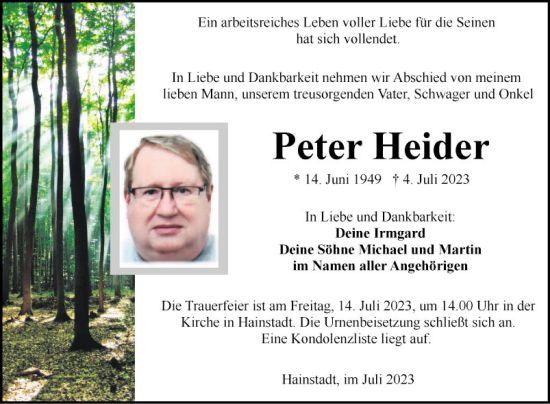 Traueranzeige von Peter Heider von Fränkische Nachrichten