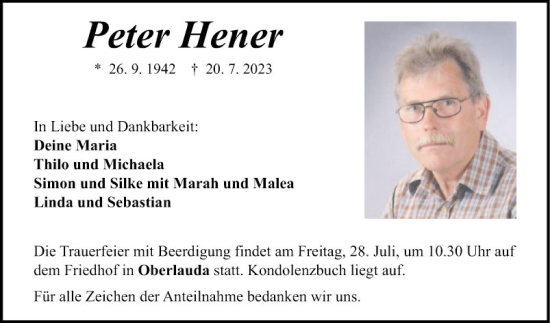 Traueranzeige von Peter Hener von Fränkische Nachrichten