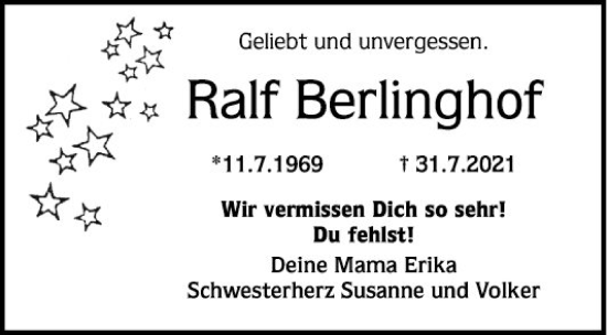 Traueranzeige von Ralf Berlinghof von Schwetzinger Zeitung