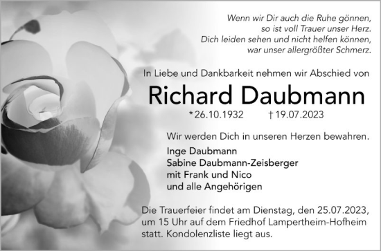 Traueranzeige von Richard Daubmann von Mannheimer Morgen