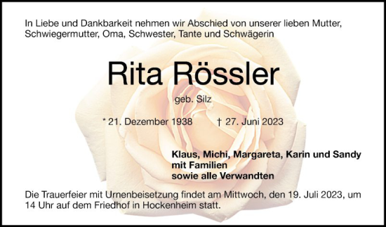 Traueranzeige von Rita Rössler von Schwetzinger Zeitung