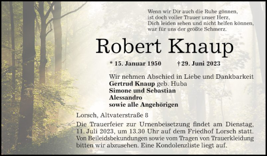 Traueranzeige von Robert Knaup von Bergsträßer Anzeiger