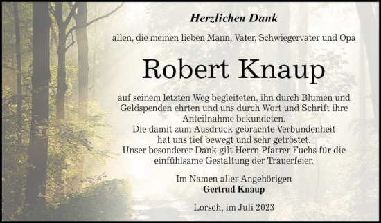 Traueranzeige von Robert Knaup von Bergsträßer Anzeiger