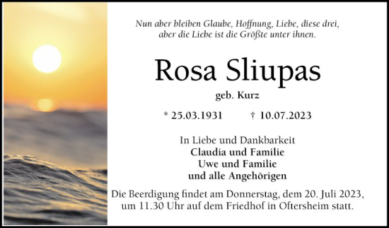 Traueranzeige von Rosa Sliupas von Schwetzinger Zeitung