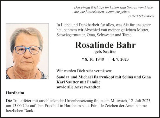 Traueranzeige von Rosalinde Bahr von Fränkische Nachrichten