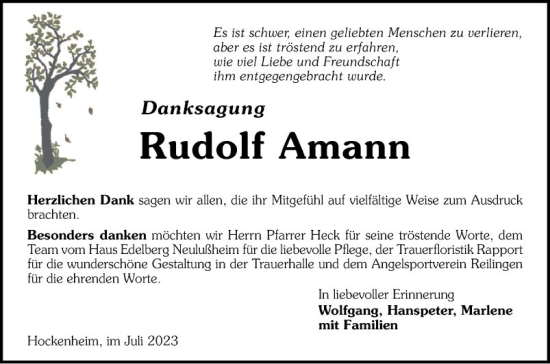 Traueranzeige von Rudolf Amann von Schwetzinger Zeitung