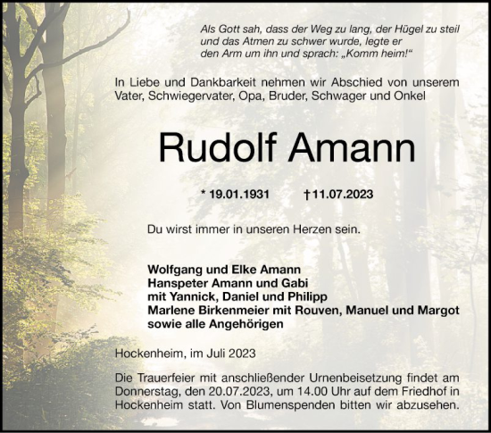 Traueranzeige von Rudolf Amann von Schwetzinger Zeitung