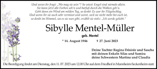 Traueranzeige von Sibylle Mentel-Müller von Mannheimer Morgen