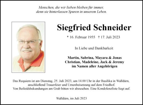 Traueranzeige von Siegfried Schneider von Fränkische Nachrichten