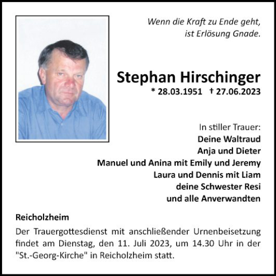 Traueranzeige von Stephan Hirschinger von Fränkische Nachrichten