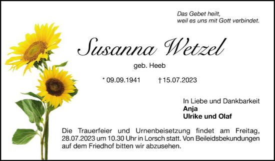 Traueranzeige von Susanna Wetzel von Bergsträßer Anzeiger