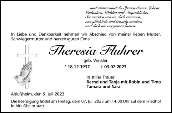 Traueranzeige von Theresia Fluhrer von Schwetzinger Zeitung