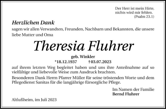 Traueranzeige von Theresia Fluhrer von Schwetzinger Zeitung