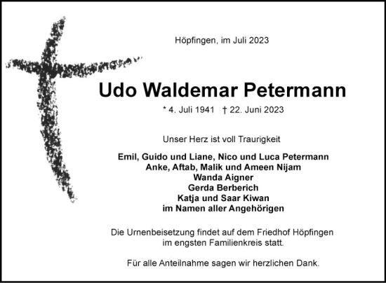 Traueranzeige von Udo Waldemar Petermann von Fränkische Nachrichten